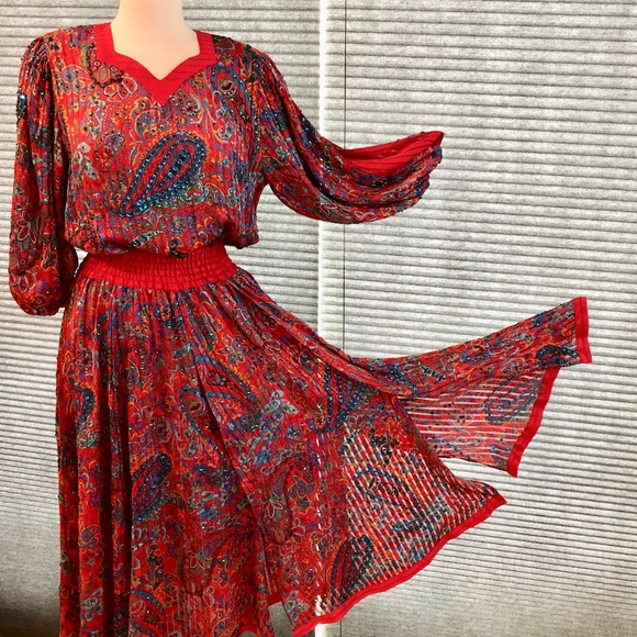 Diane Freis Red Holiday Dress Paisley Rich Gypsy Bohemian Style -Xmas OSFM - Picture 1 of 13